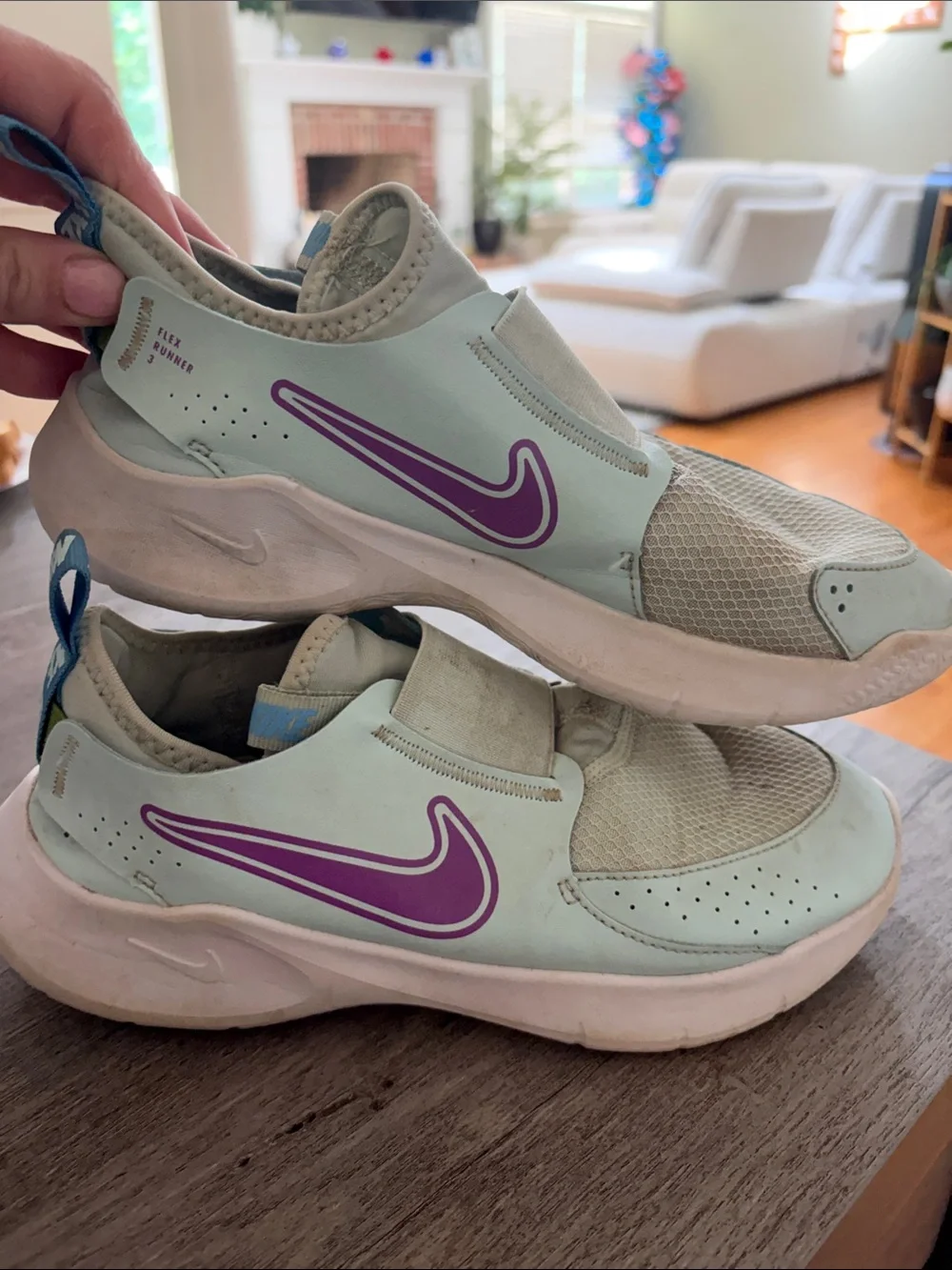 Nike Kids Mint Green Slip-On Sneakers with Purple Swoosh